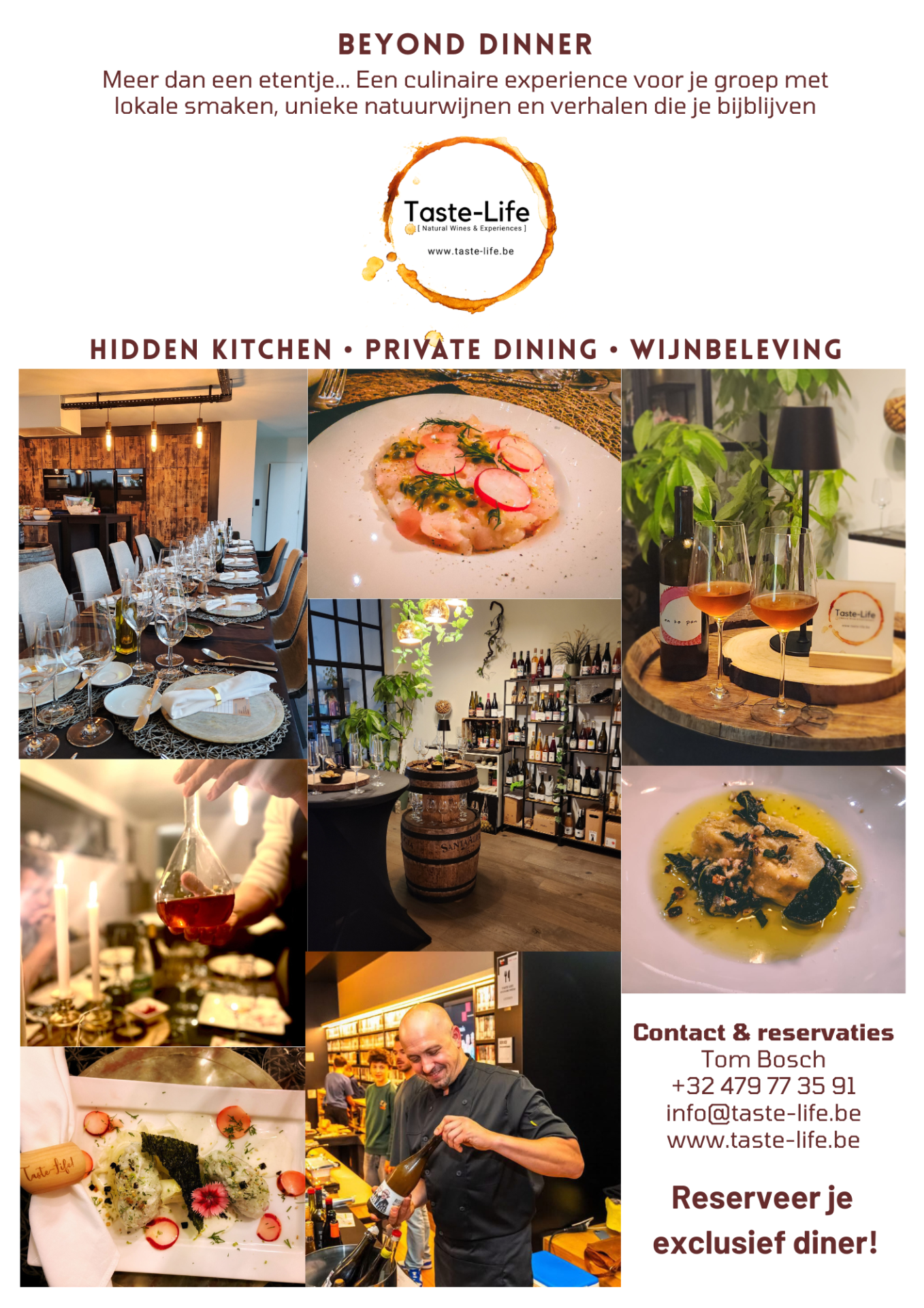 Promotieposter voor Taste-Life met tekst, wijnbeleving en collage van gedekte tafels, gerechten en chef-kok.
